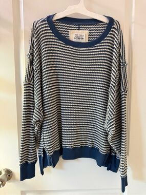 American Eagle Outfitters Navy and Cream Striped Waffle Knit Crew Sweater